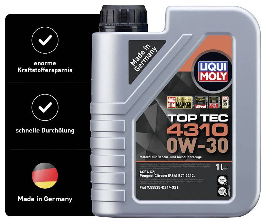 Ein Kanister Motoröl 'LIQUI MOLY TOP TEC 4310 0W-30, Made in Germany' mit Symbolen für Kraftstoffersparnis, schnelle Durchölung.