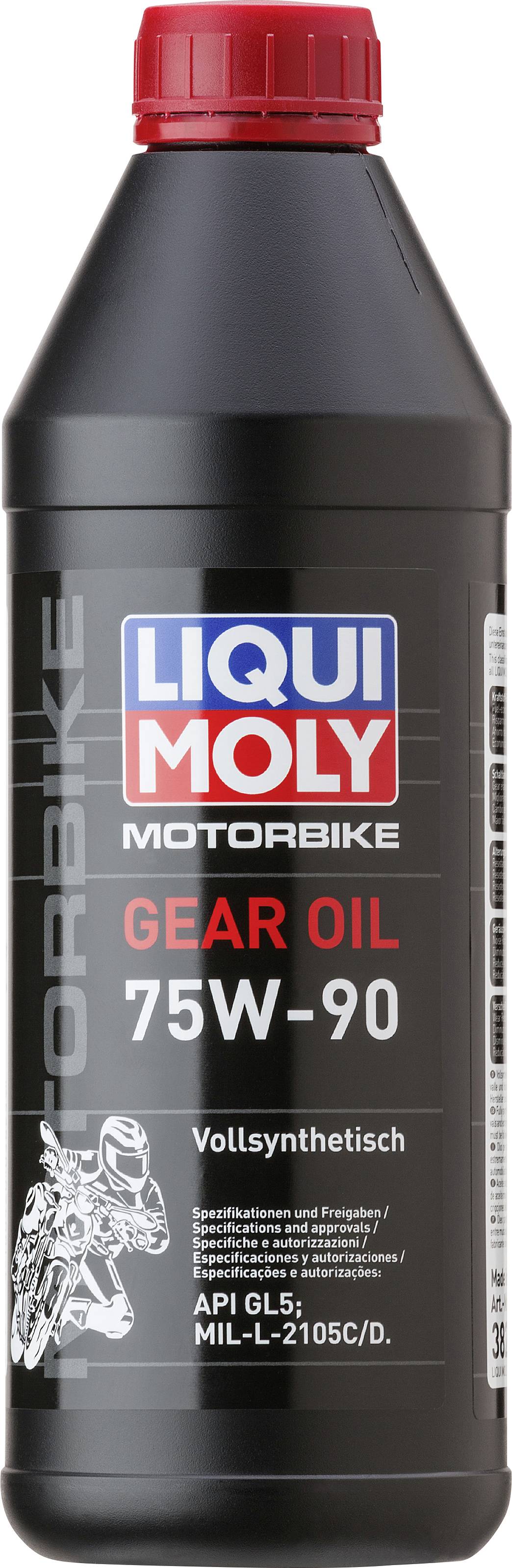 Flasche mit 'Liqui Moly Motorbike Gear Oil 75W-90', vollsynthetisch, für Motorräder. Enthält API GL-5-Spezifikationen.