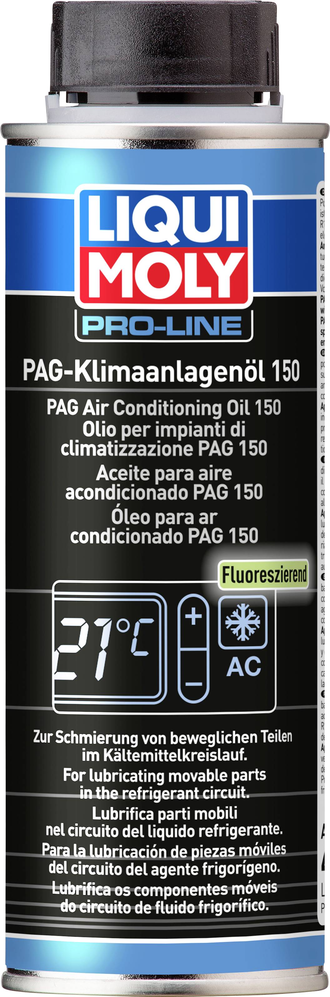 'Dose Liqui Moly Pro-Line PAG-Klimaanlagenöl 150, geeignet für Klimaanlagen mit Fluoreszenz, zeigt 21°C, für bewegliche Teile und Kältemittelkreisläufe.'