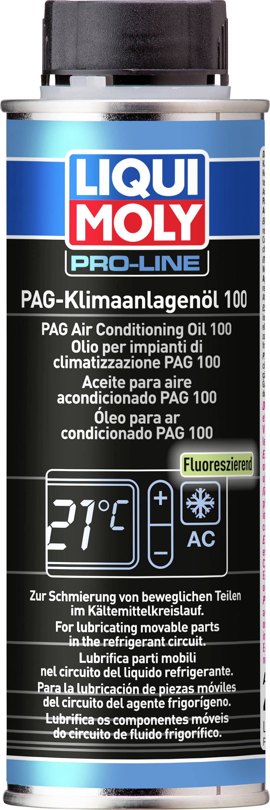 'Dose PAG-Klimaöls von Liqui Moly. Geeignet für Klimaanlagen. Enthält fluoreszierenden Zusatz. Temperaturanzeige 21°C.'