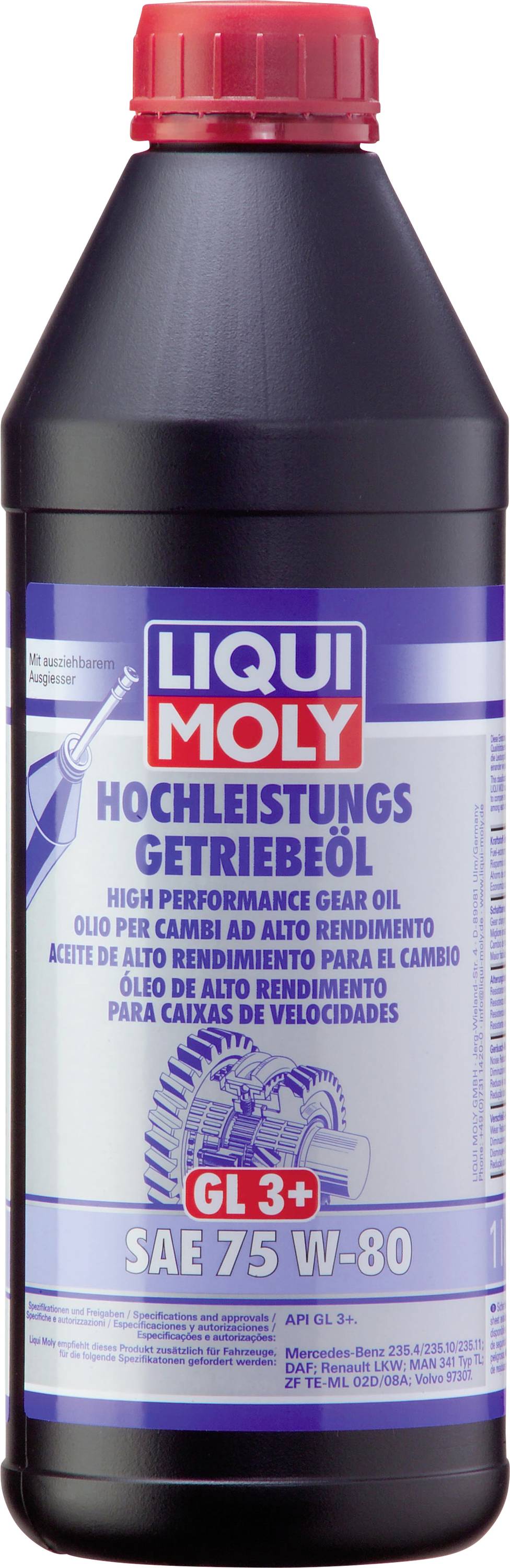 Flasche Liqui Moly Hochleistungsgetriebeöl, rot-blaues Etikett, für Fahrzeuge geeignet, Spezifikation SAE 75 W-80, GL 3+.