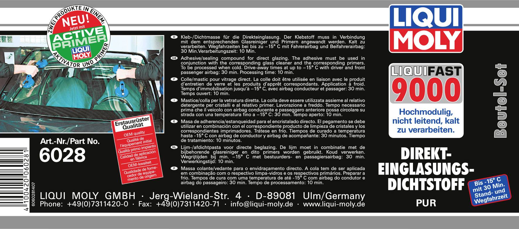 'LIQUIFAST 9000 Beutel-Set' Etikett: Hochmodulig, geeignet für direkte Verglasung. Enthält Anweisungen zur Anwendung und Produkthinweise.