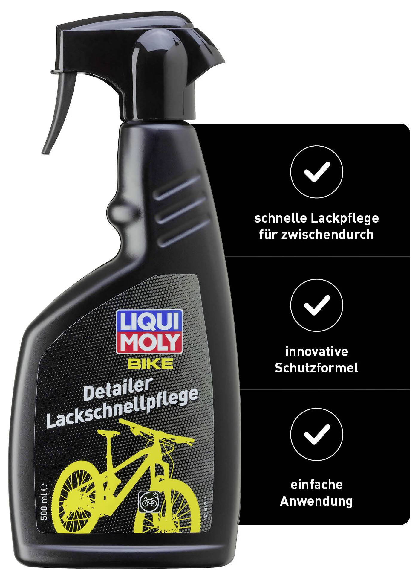 Eine schwarze Flasche "Liqui Moly Bike Detailer Lackschnellpflege" mit Checkliste: 'schnelle Lackpflege, innovative Schutzformel, einfache Anwendung'.