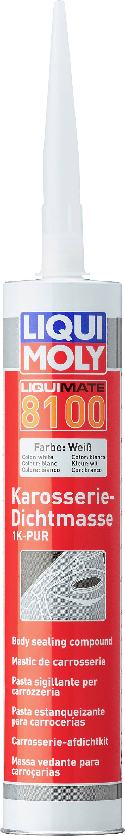 Eine rote Kartusche mit Aufschrift 'Liqui Moly Karosserie-Dichtmasse 1K-PUR 310 ml'. Produkt zur Abdichtung von Karosseriefugen.