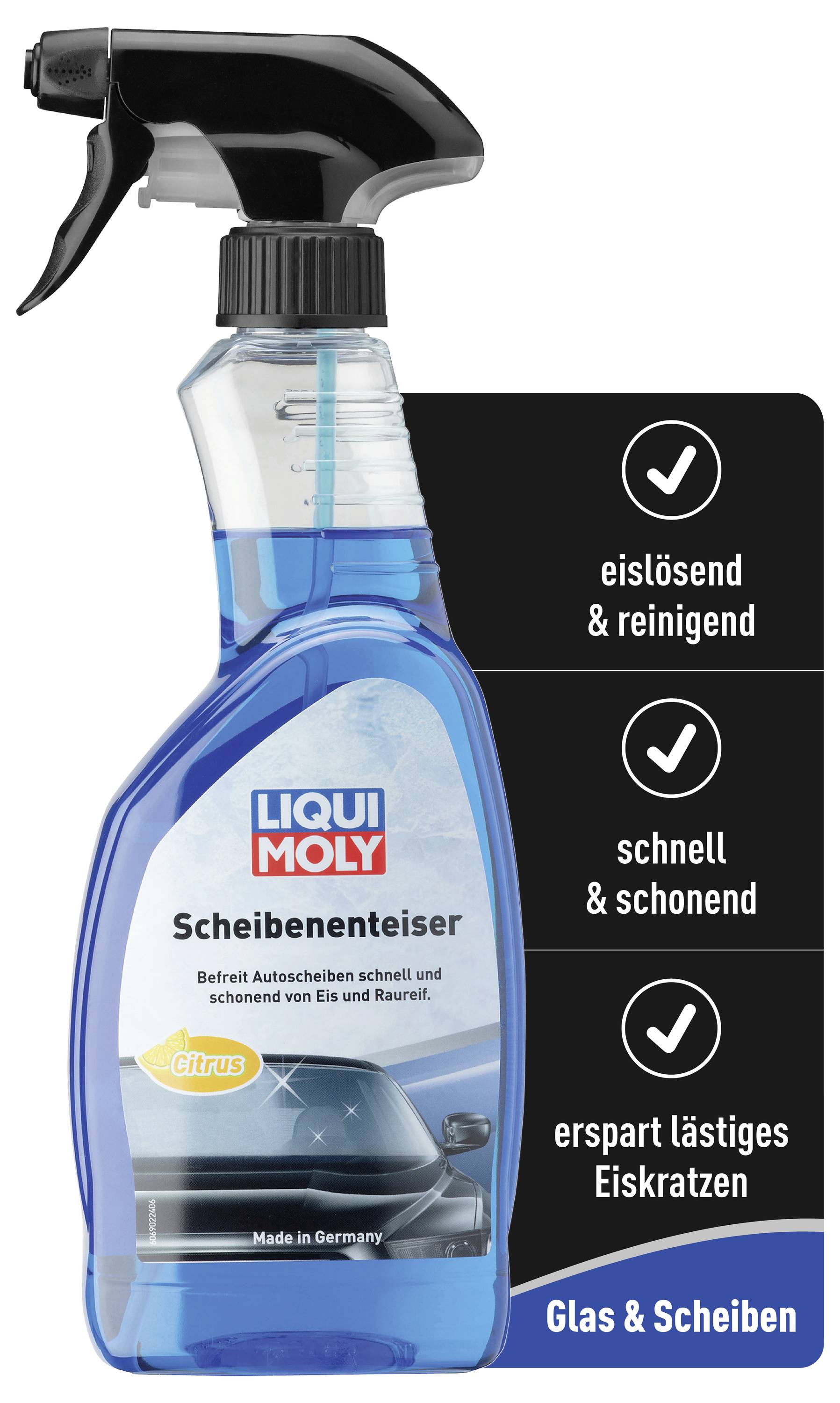 'Flasche Liqui Moly Scheibenenteiser, eislösend und reinigend, schnell und schonend, erspart lästiges Eiskratzen, für Glas & Scheiben.'