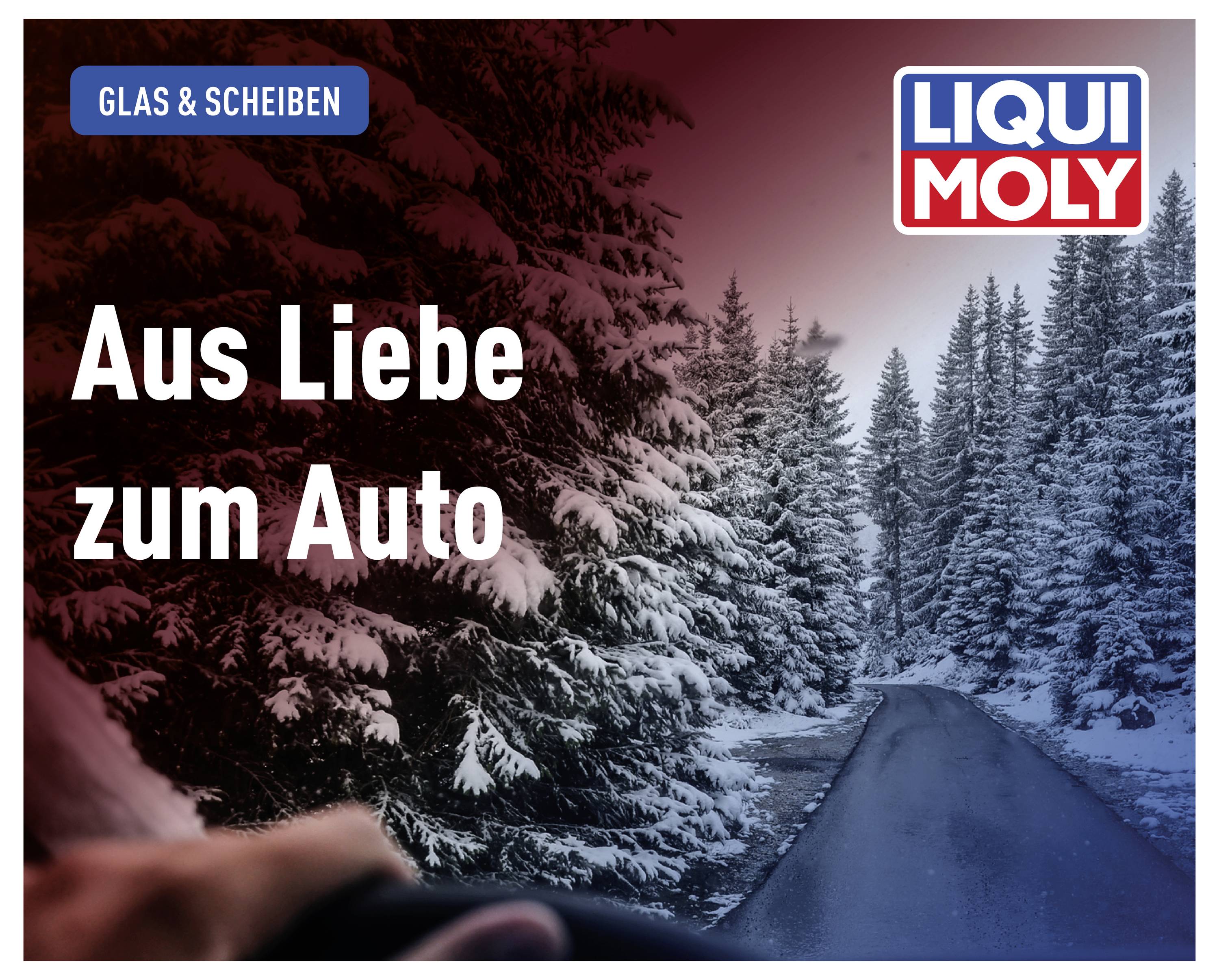 Schneebedeckte Bäume säumen eine Straße, daneben der Text 'Aus Liebe zum Auto' und das Logo von Liqui Moly in der oberen Ecke.