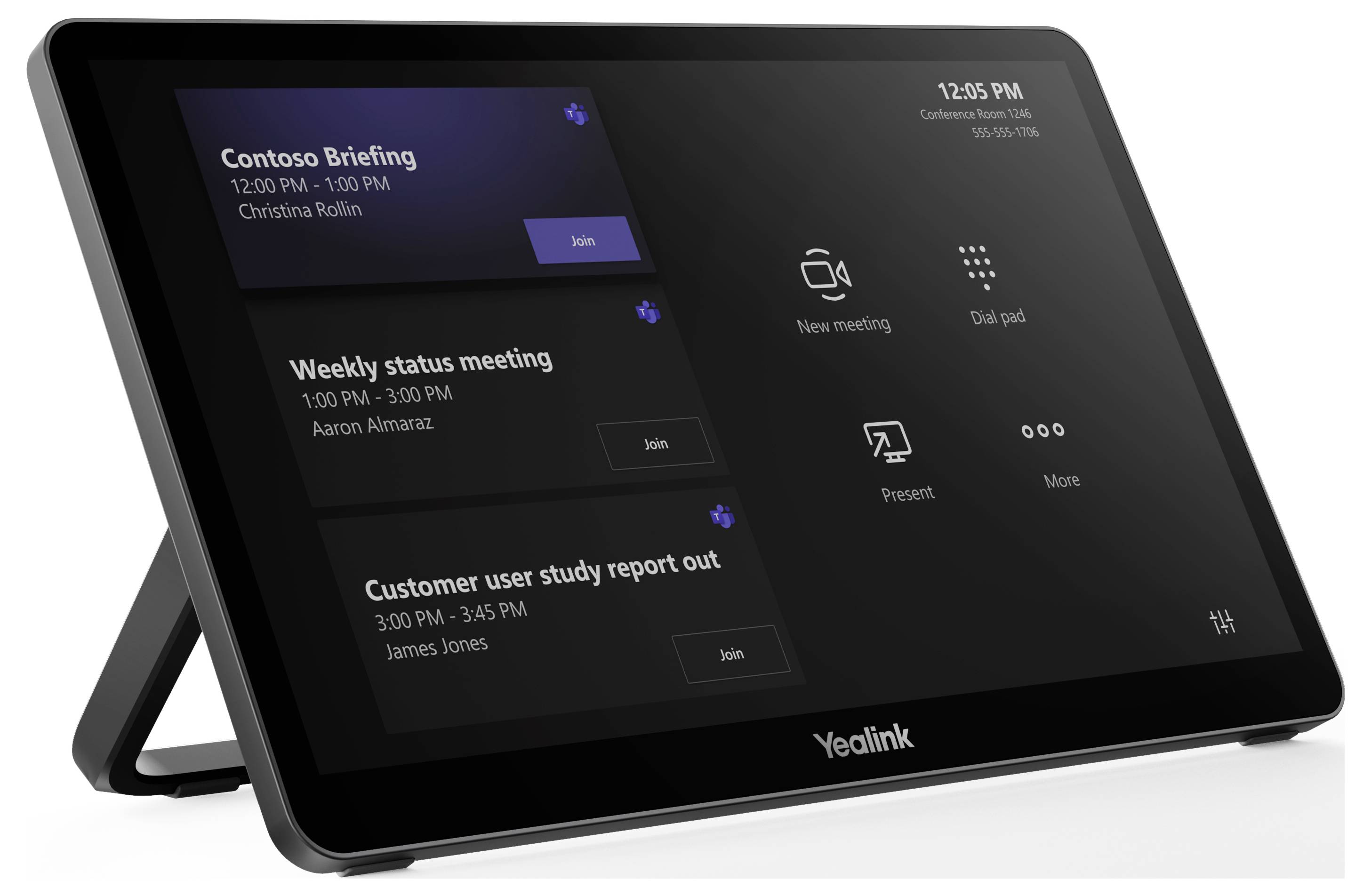 Ein Konferenzraum-Tablet zeigt folgende Besprechungstermine an: ‚Contoso-Besprechung' um 12:00 Uhr, ‚Wöchentliche Statusbesprechung' um 13:00 Uhr und ‚Bericht zur Kundennutzerstudie' um 15:00 Uhr.