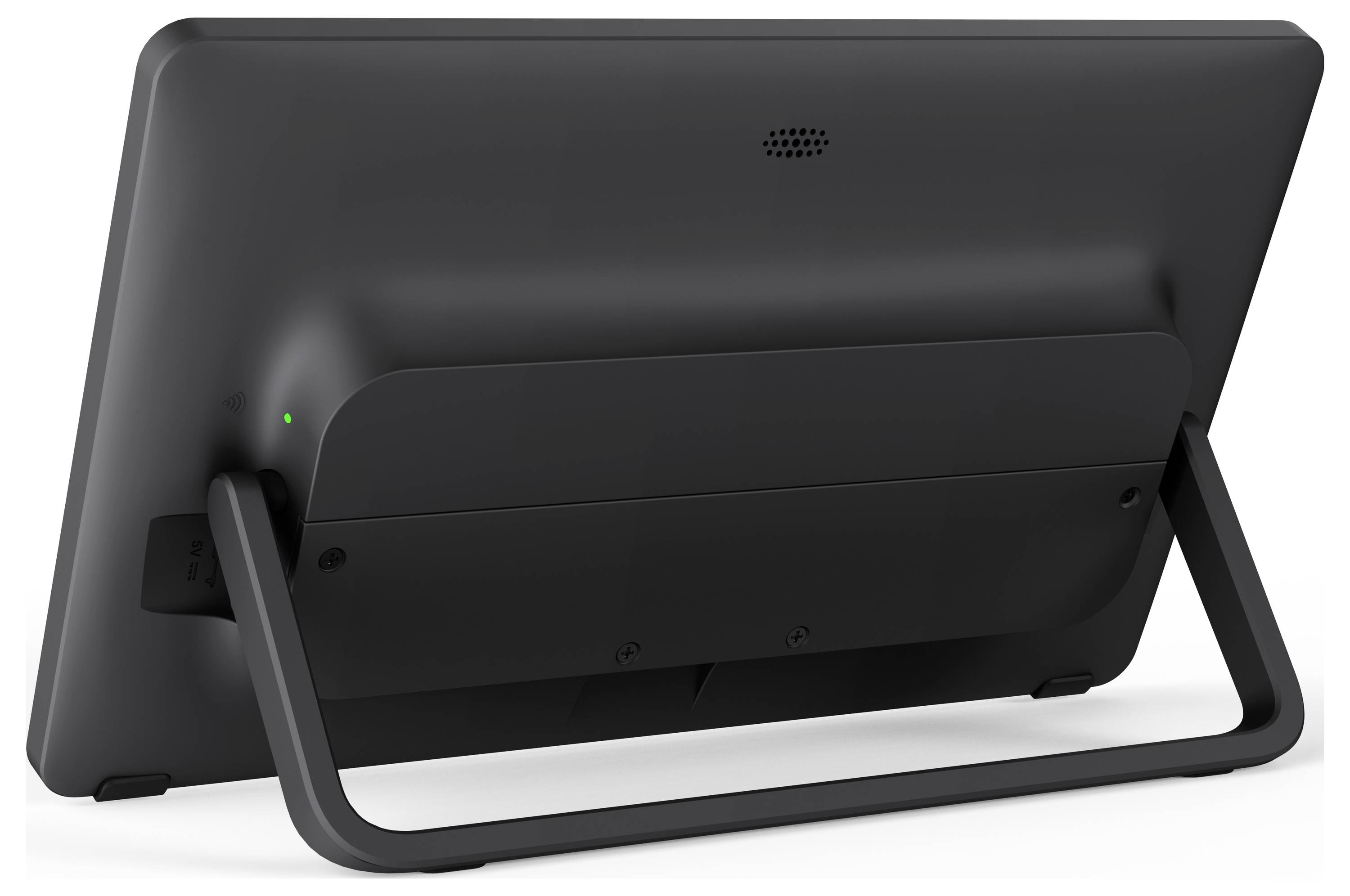 Eine schwarze elektronische Tablette mit einem Ständer, von hinten betrachtet, mit einem Lautsprecher und einer Kontrollleuchte auf einer flachen Oberfläche.