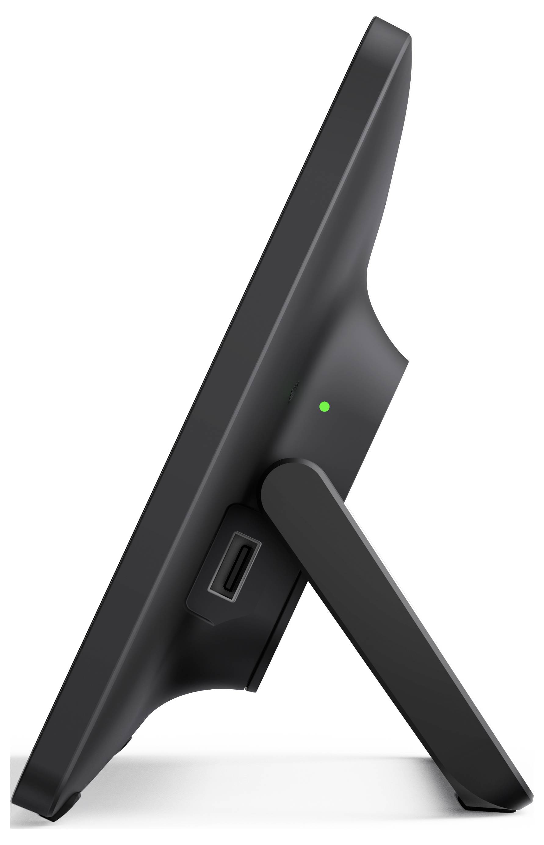 Ein schwarzer digitaler Fotorahmen wird von der Seite gezeigt, wobei ein USB-Anschluss und ein Ständer zu sehen sind, der den Rahmen in aufrechter Position hält.