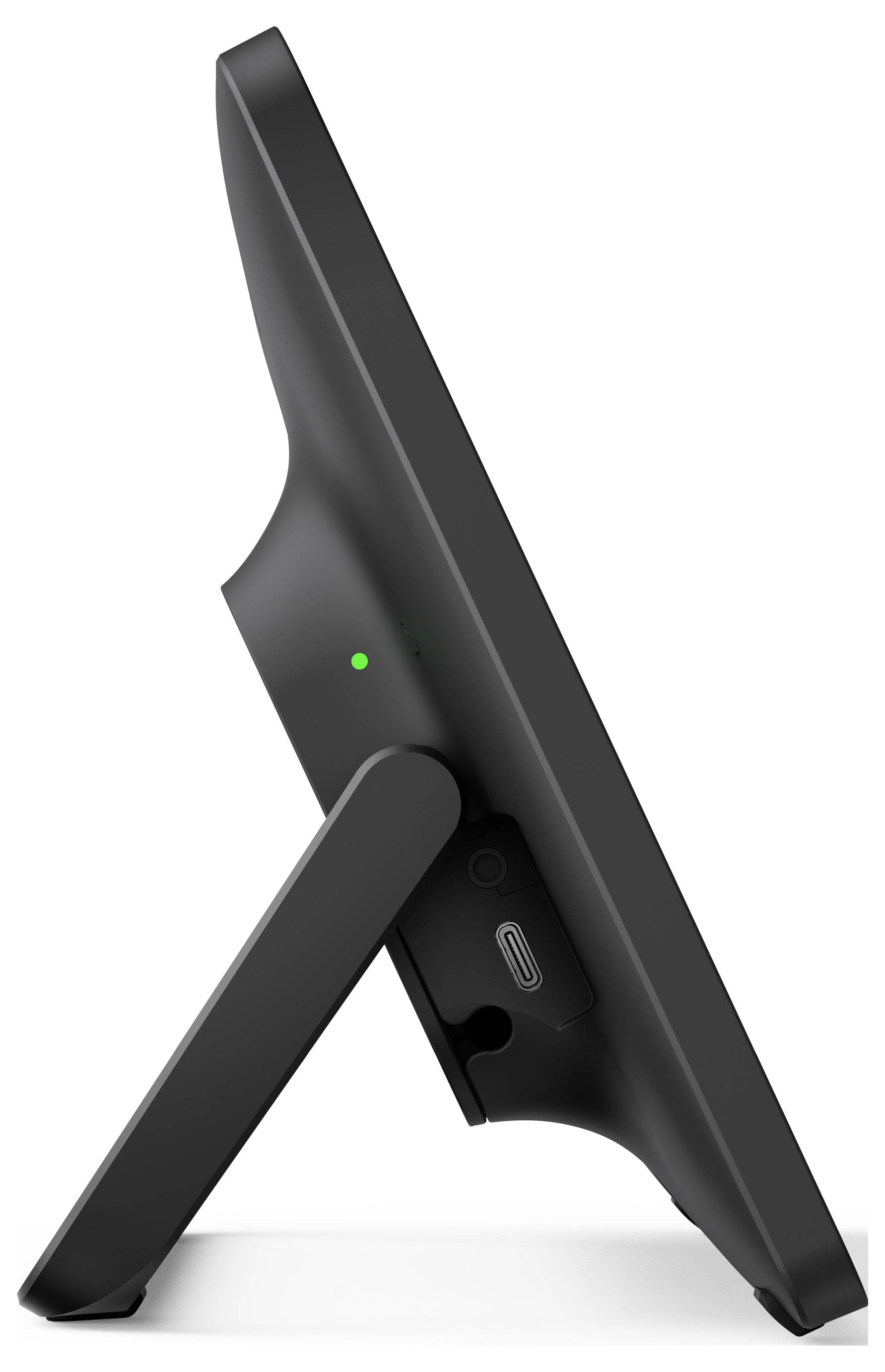 Seitenansicht eines schwarzen Smart-Home-Geräts auf einem Ständer. Sichtbar sind ein USB-C-Anschluss und eine grün leuchtende Kontrollleuchte.