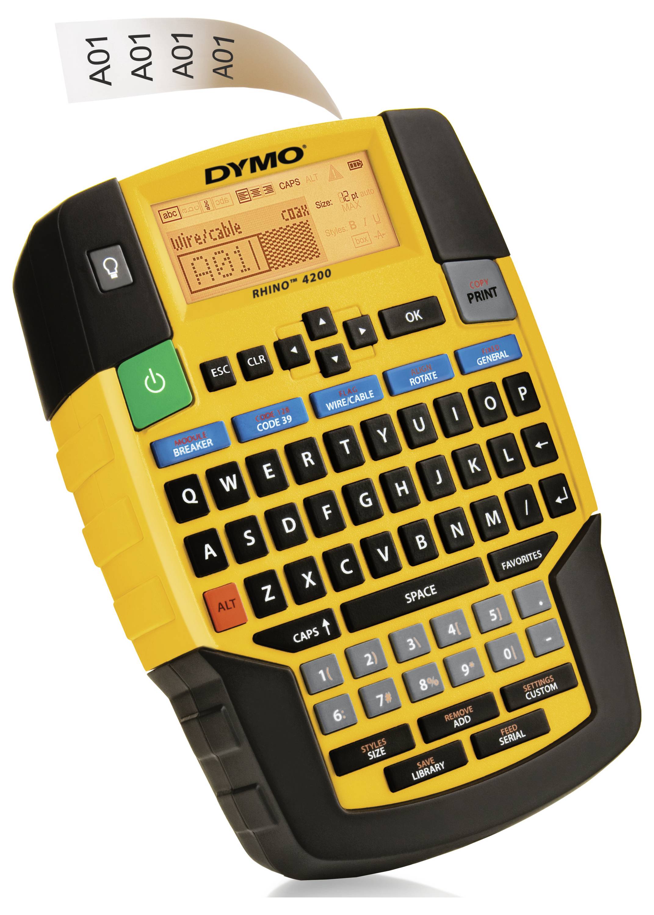 Tragbares Beschriftungsgerät mit schwarzer Tastatur und gelbem Gehäuse. Display zeigt 'WIRE/CABLE A01'. Druckausgabe zeigt 'A01'.