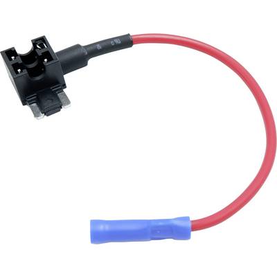 Ein rotes Kabel mit einem Sicherungshalter auf der einen Seite und einem blauen Anschluss auf der anderen Seite.