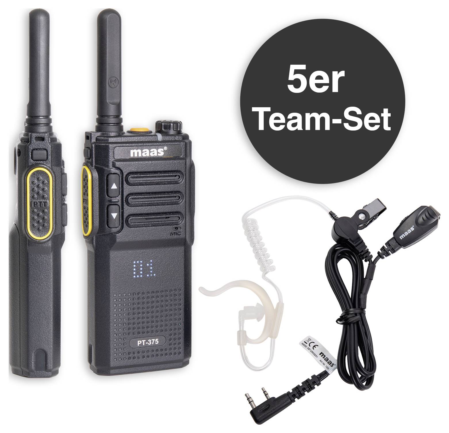 Zwei Funkgeräte mit Zubehör. Der Text '5er Team-Set' steht in einem schwarzen Kreis.