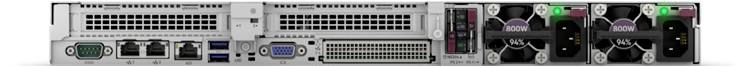Ein Computer-Server-Rückseite mit Lüftern und Anschlüssen, darunter USB-Ports, Ethernet-Anschlüsse und ein serieller Anschluss.