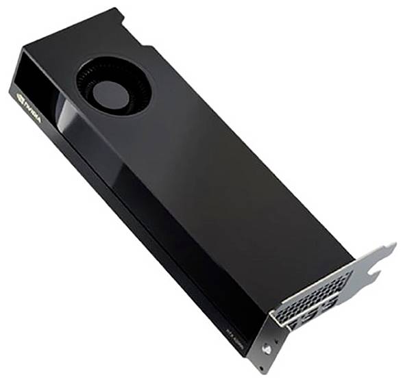 Schwarze Computer-Grafikkarte in schräger Ansicht. Enthält Lüfter und Anschlüsse für den Einbau in ein PC-Gehäuse.