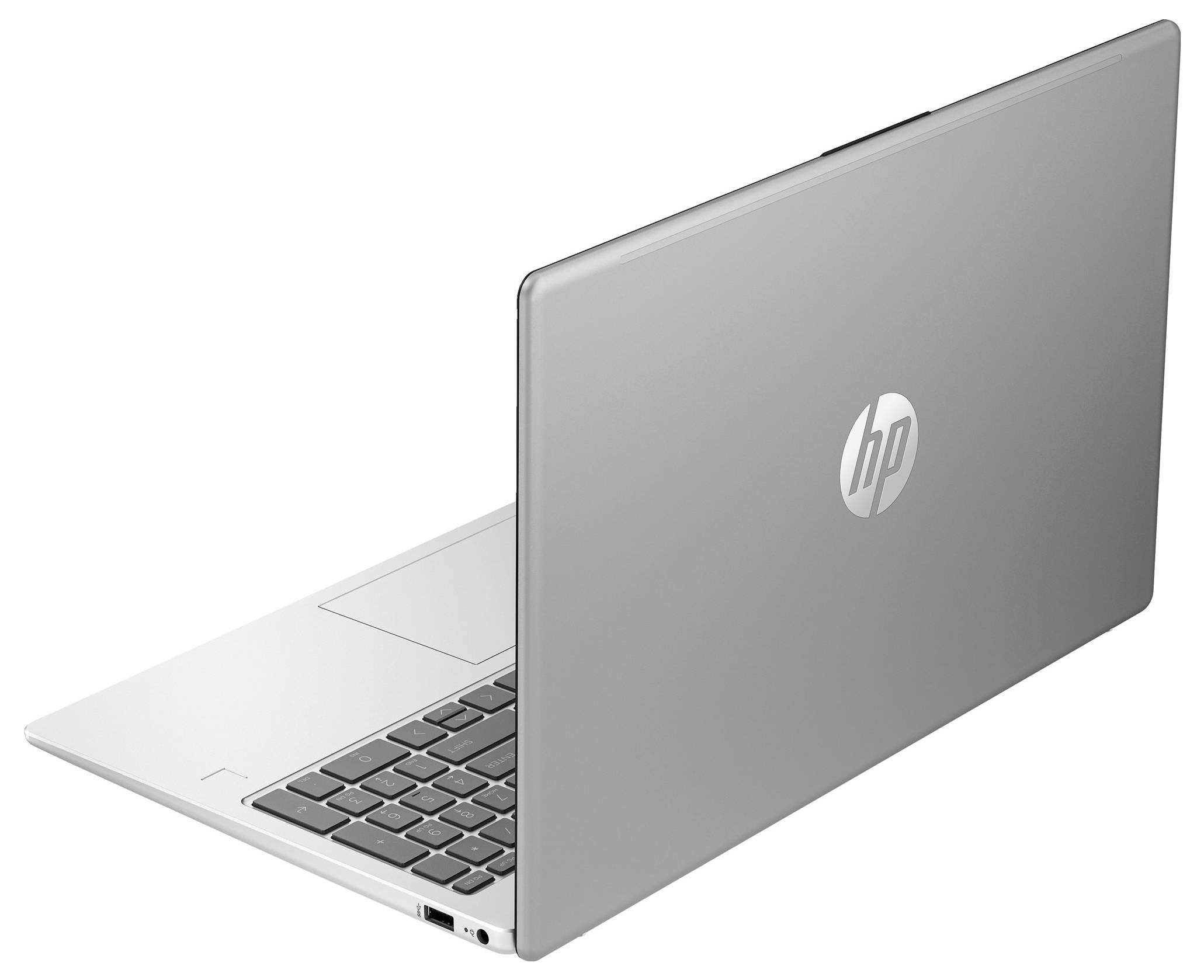 Silberner Laptop mit HP-Logo auf dem Deckel, teilweise geöffnet und auf der linken Seite stehend.
