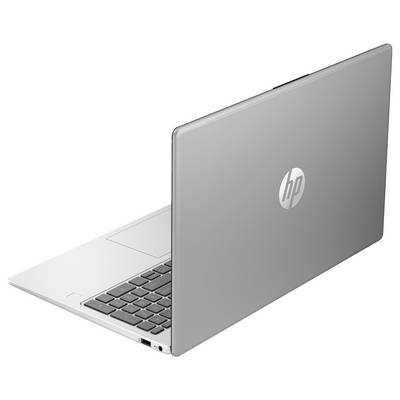 Silberner Laptop mit HP-Logo auf dem Deckel, teilweise geöffnet und auf der linken Seite stehend.
