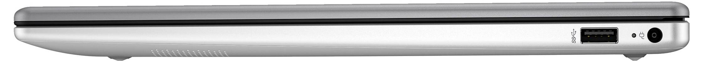 Geschlossener Laptop von der Seite, silbernes Gehäuse, einige Anschlüsse sichtbar.