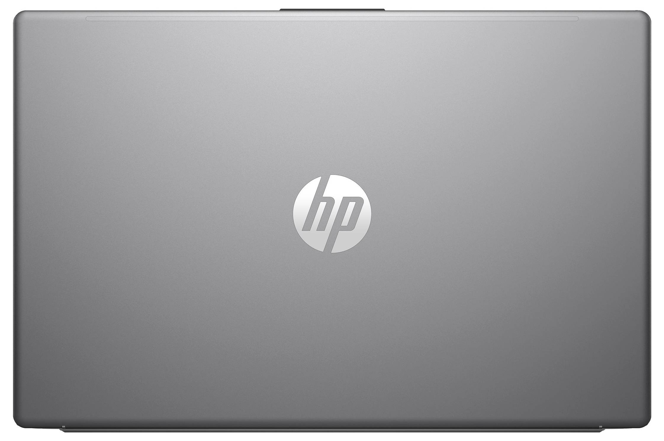 Silberner Laptop von oben gezeigt, mit einem Herstellerlogo in der Mitte des Deckels.