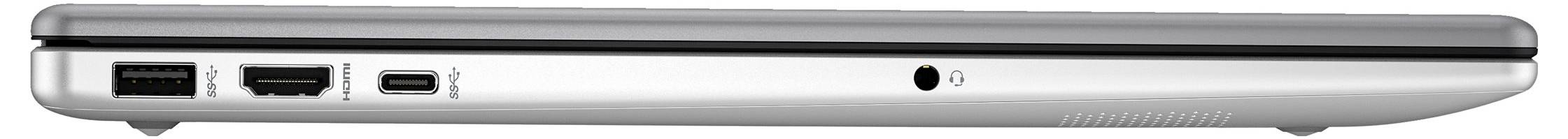 Seitenansicht eines geschlossenen, schlanken Laptops mit mehreren Anschlüssen: zwei USB, ein HDMI, ein Mini DisplayPort und ein Audioanschluss.