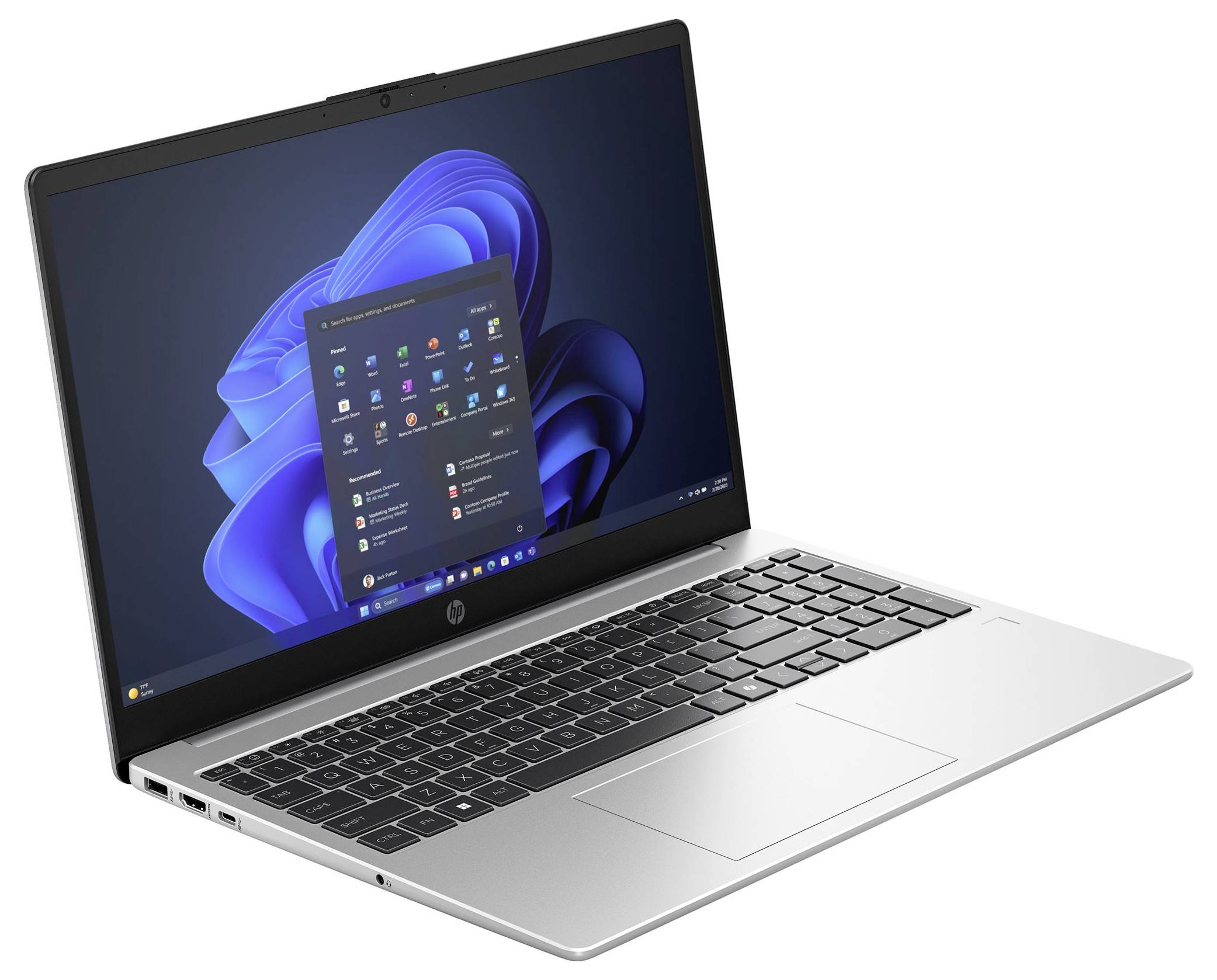 Ein silberner Laptop mit geöffneter Windows-Oberfläche auf dem Bildschirm. Tastatur und Touchpad sind sichtbar.