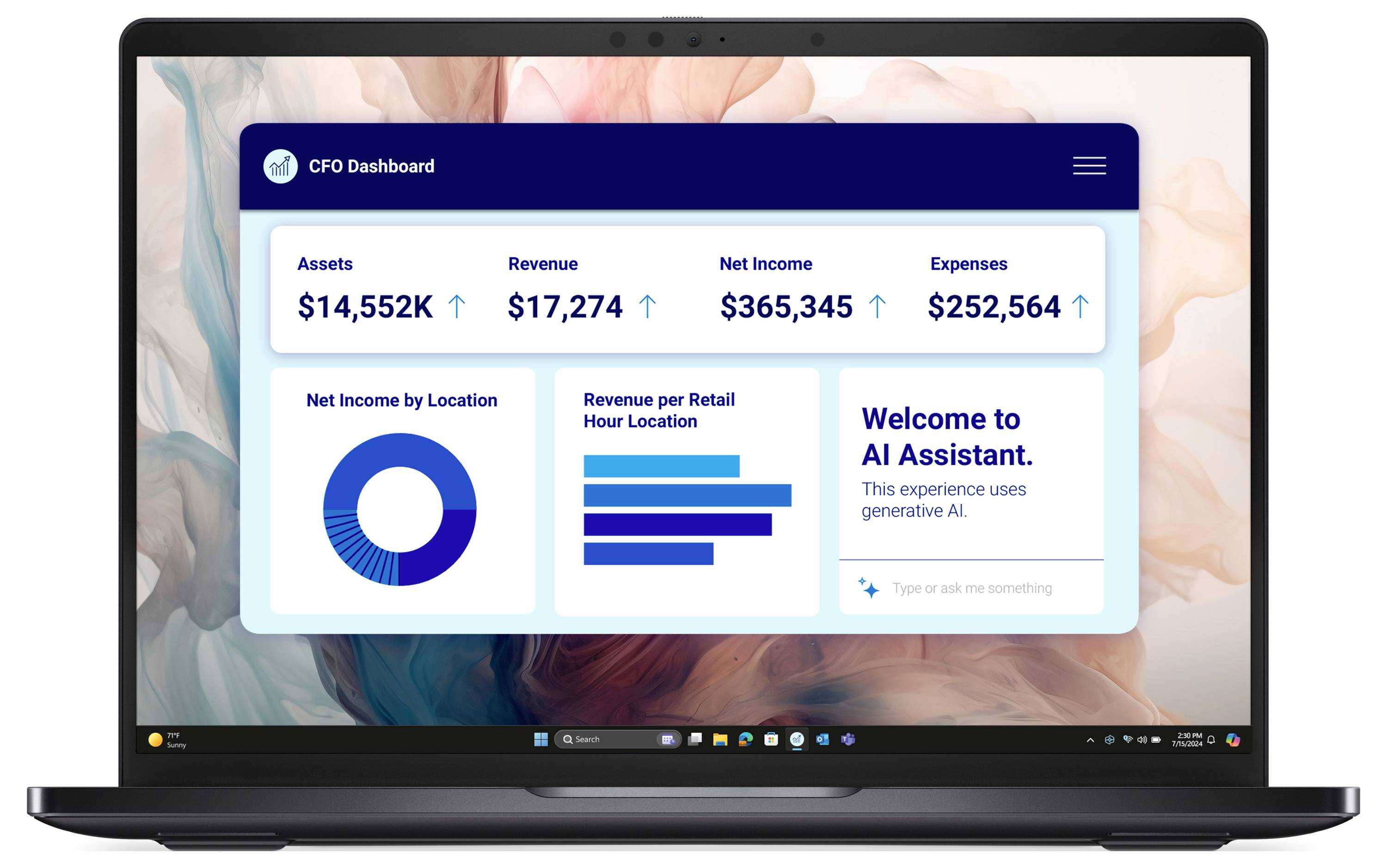 Ein Laptop zeigt ein CFO-Dashboard mit finanziellen Details: Vermögen, Einnahmen, Nettoeinkommen und Ausgaben; enthält Diagramme.