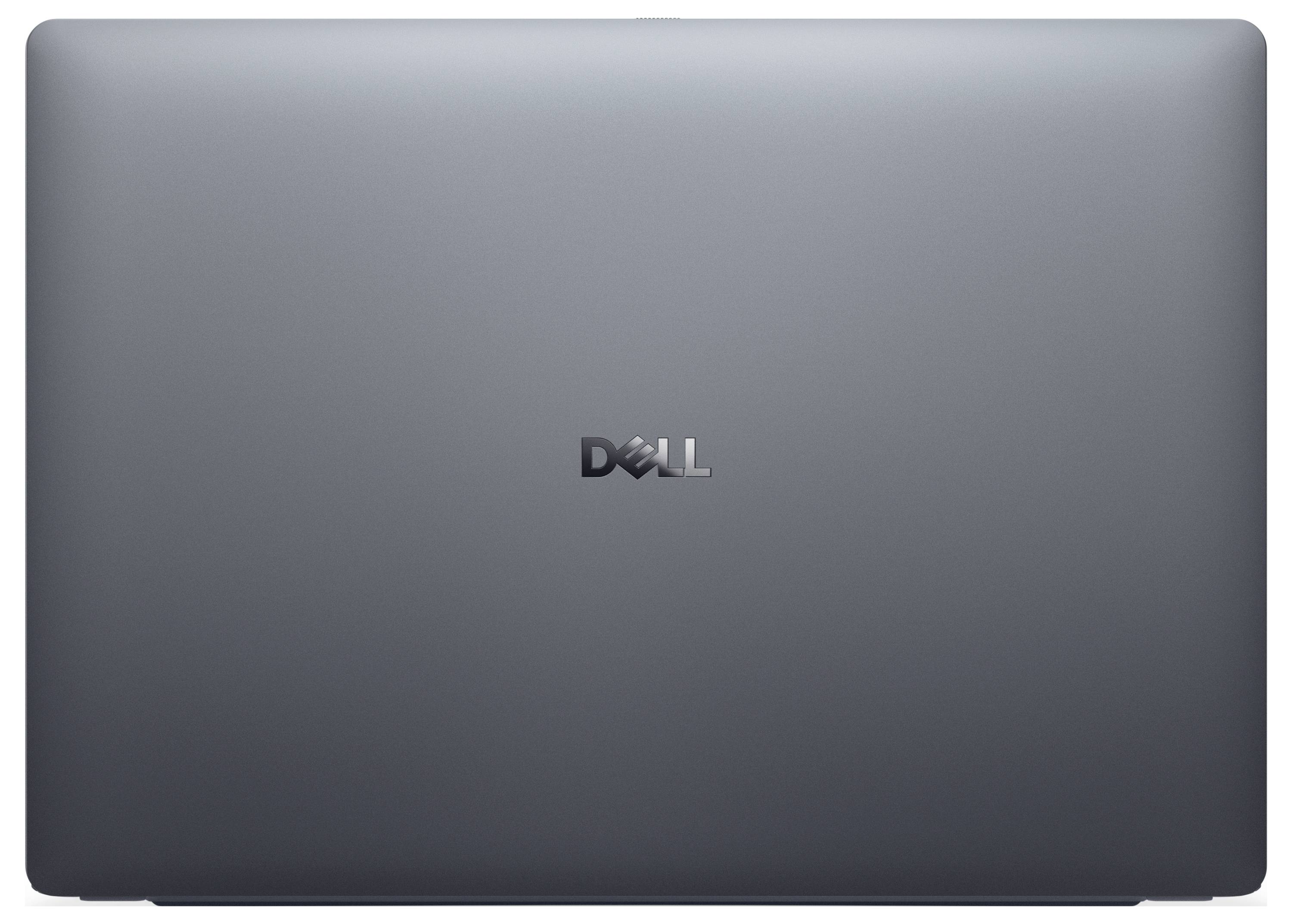 Ein geschlossenes Dell-Laptop in Dunkelgrau von oben, mittig das Dell-Logo.