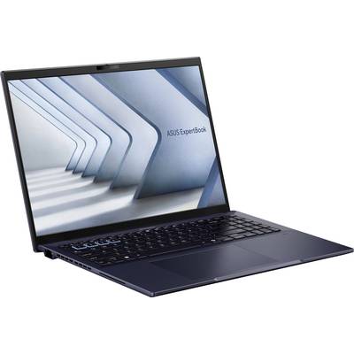 Ein ASUS ExpertBook Laptop mit geöffneter Kappe zeigt ein modernes, futuristisches Hintergrundbild auf dem Bildschirm.