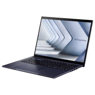 Ein Laptop mit eingeschaltetem Bildschirm, der die Aufschrift 'ASUS ExpertBook' zeigt. Das Design beinhaltet diagonale Linien.