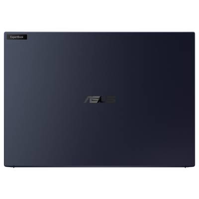 Ein geschlossenes ASUS ExpertBook-Notebook in dunkler Farbe, von oben gesehen.