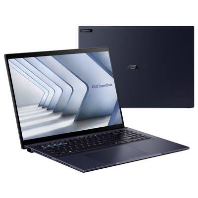 Laptop ASUS ExpertBook, geöffnet und geschlossen. Schlankes, elegantes Design, dunkle Farbe, das Display zeigt architektonische Strukturen.