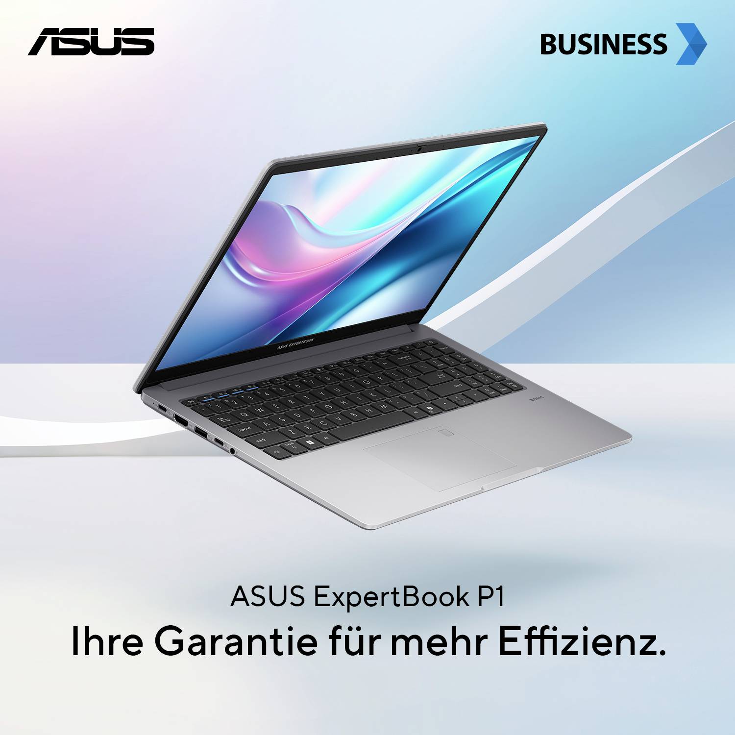 Ein silbernes ASUS ExpertBook P1 Laptop auf blauem Hintergrund mit Text 'Ihre Garantie für mehr Effizienz'. 
