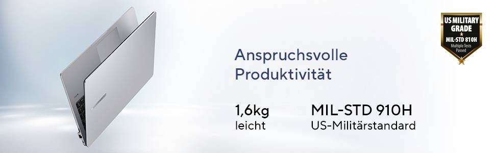 Ein silberner Laptop mit Text: 'Anspruchsvolle Produktivität', '1,6 kg leicht', 'MIL-STD 910H US-Militärstandard'. Rechts oben ein US-Militärstandard-Siegel.