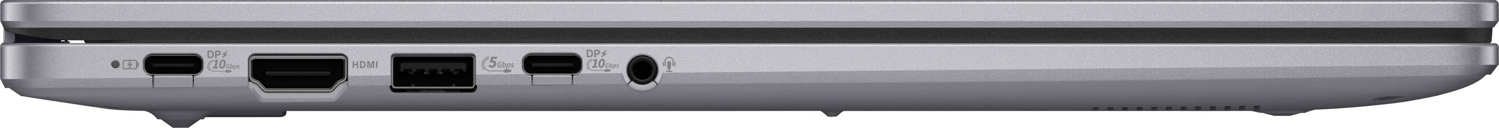 Ein Laptop in Seitenansicht mit USB-, HDMI- und Kopfhöreranschlüssen. Gehäuse in Silber.