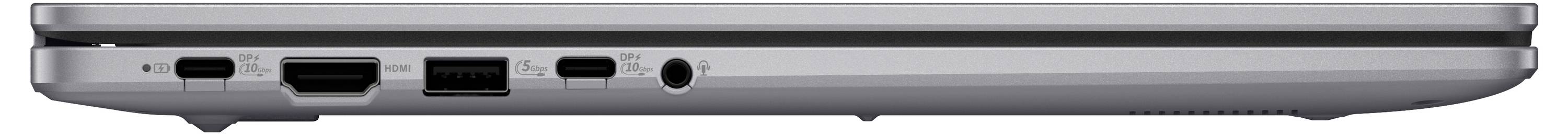 Seitenansicht eines grauen Laptops mit mehreren Anschlüssen, darunter USB, HDMI und Audio, auf schwarzem Hintergrund.