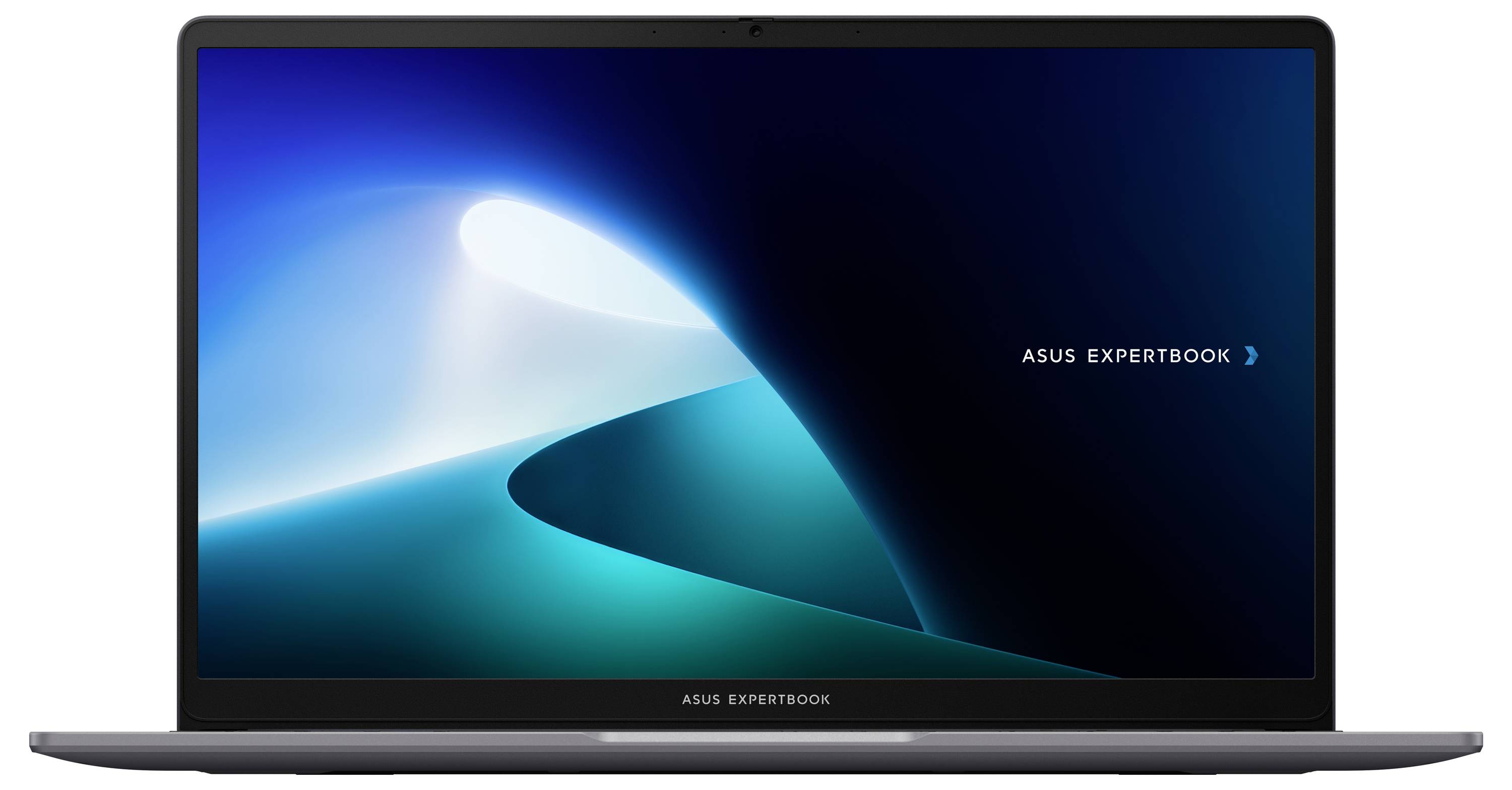 Laptop mit geöffnetem Bildschirm zeigt das ASUS ExpertBook-Logo vor einem blau leuchtenden Hintergrund.