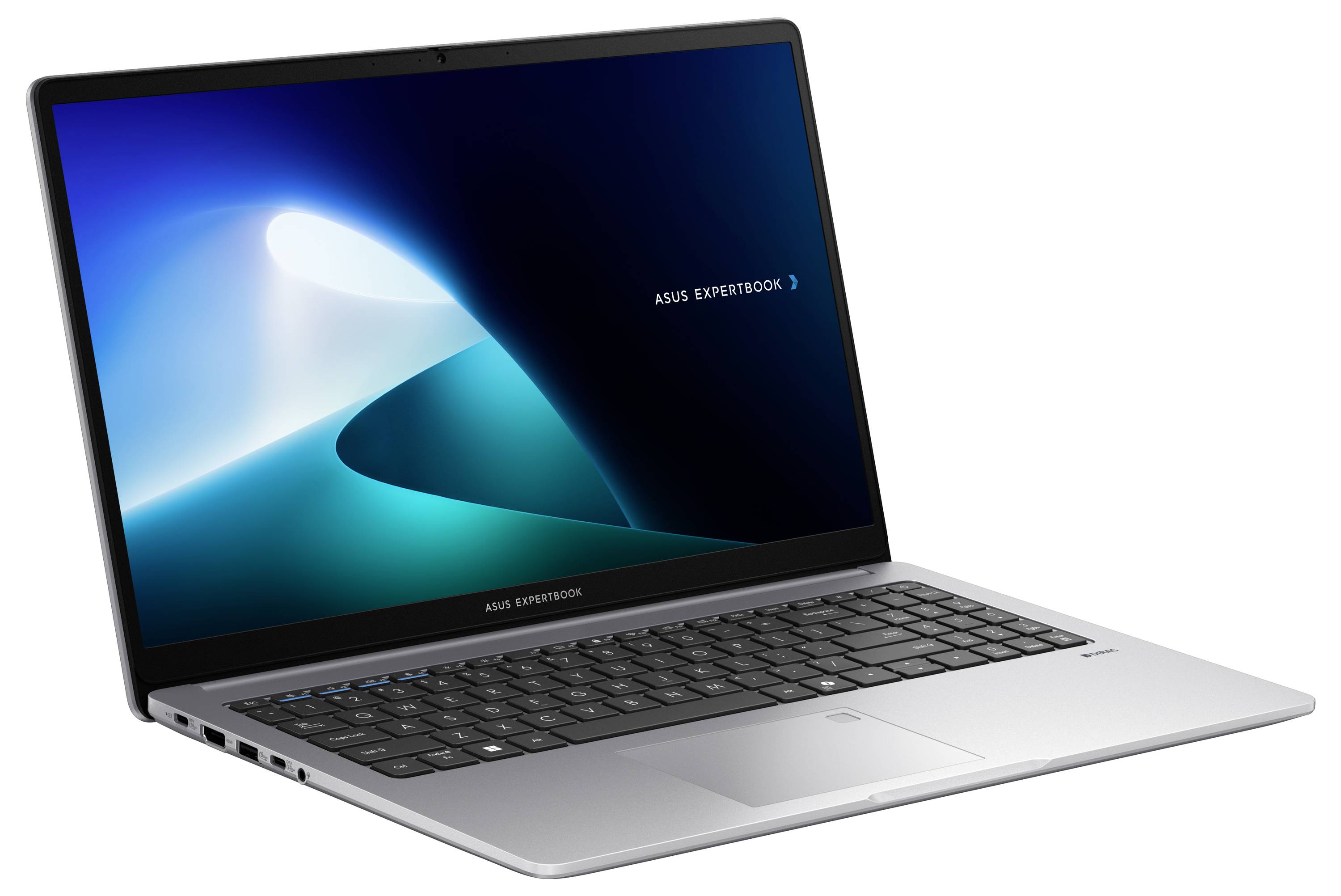 Ein silberner Laptop mit geöffneter Abdeckung zeigt den Bildschirm mit einer abstrakten blauen Grafik und der Aufschrift 'ASUS ExpertBook'.