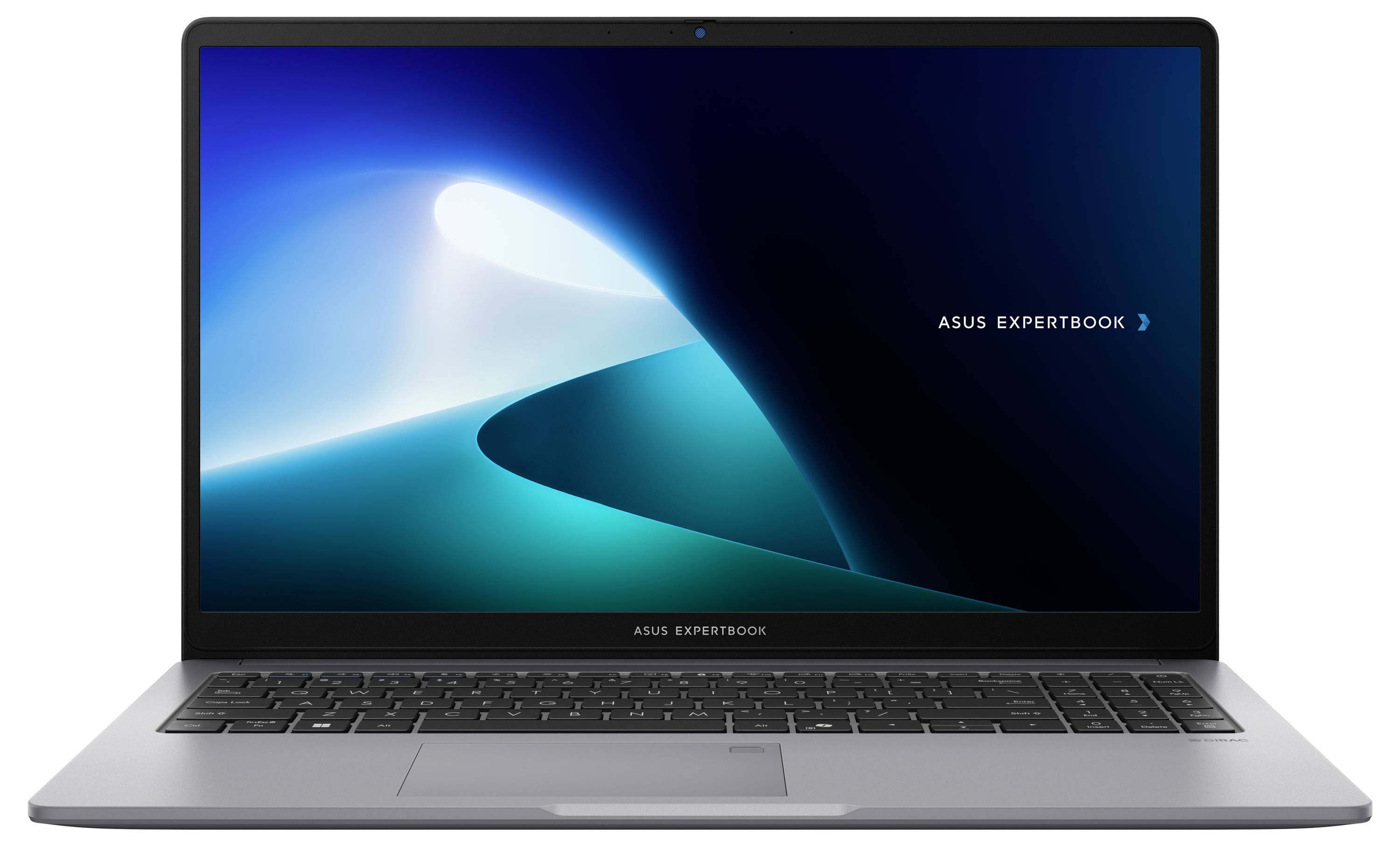 Silberner Laptopdeckel mit dem Logo 'ASUS ExpertBook' in der oberen linken Ecke. Schlichtes und modernes Design.