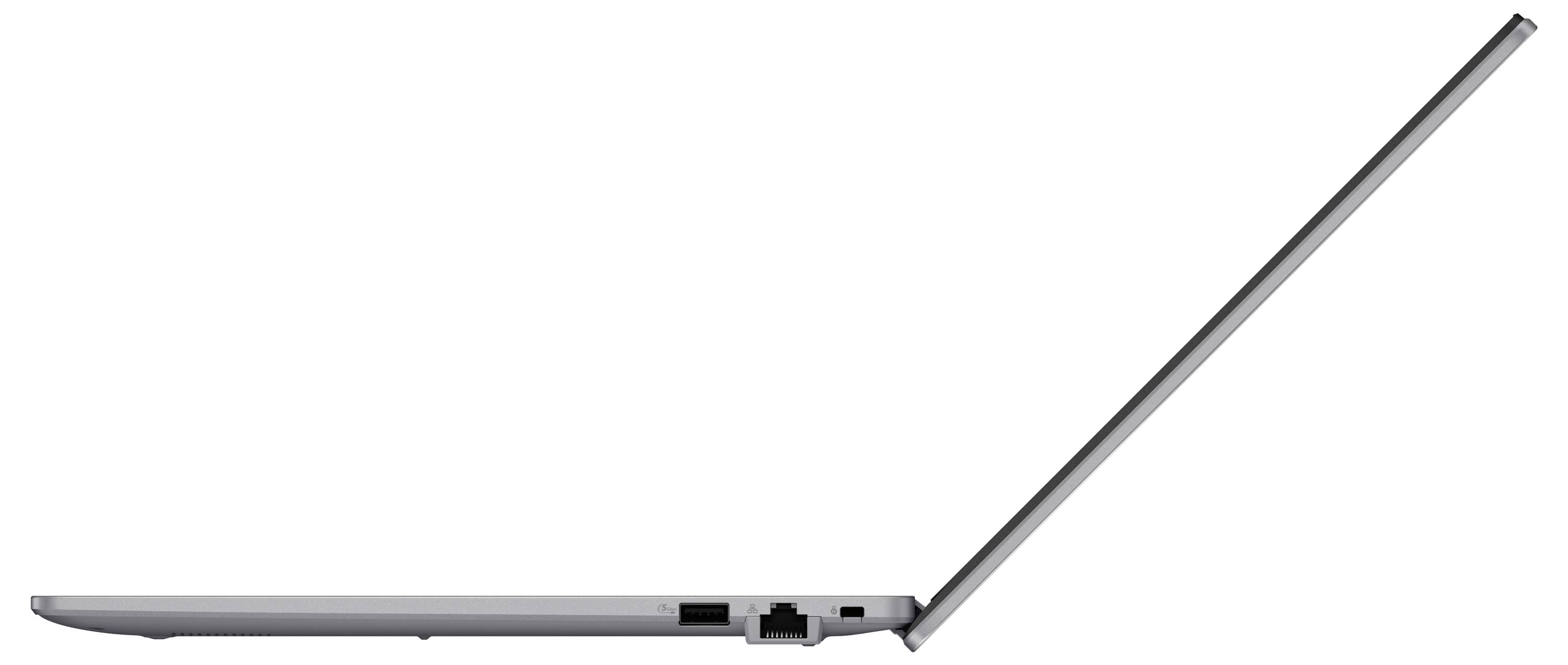 Ein Asus ExpertBook Laptop mit blauem Bildschirmhintergrund. Das Gerät ist aufgeklappt und zeigt das Logo auf der rechten Seite des Bildschirms.