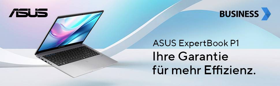 Ein ASUS ExpertBook P1 Laptop auf einem hellen Hintergrund mit dem Text 'ASUS ExpertBook P1. Ihre Garantie für mehr Effizienz.'