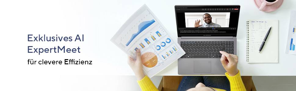 Person an einem Laptop bei einem Online-Meeting; daneben ein Diagramm mit blau-orangenen Balken und ein Notizblock mit Stift. Text 'Exklusives AI ExpertMeet für clevere Effizienz'.