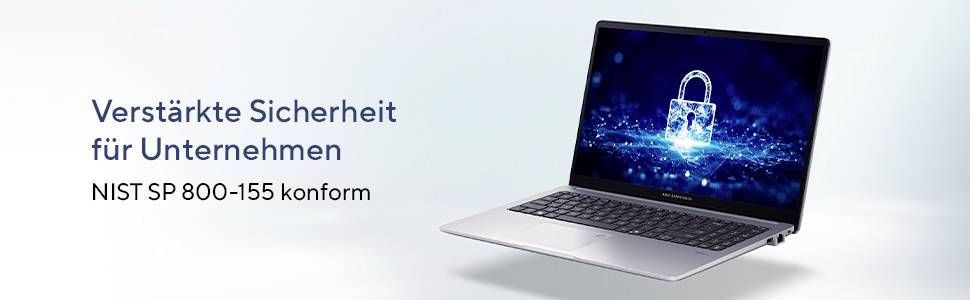 Laptop mit einem leuchtenden Schloss-Symbol auf dem Bildschirm. Text: 'Verstärkte Sicherheit für Unternehmen, NIST SP 800-155 konform'.