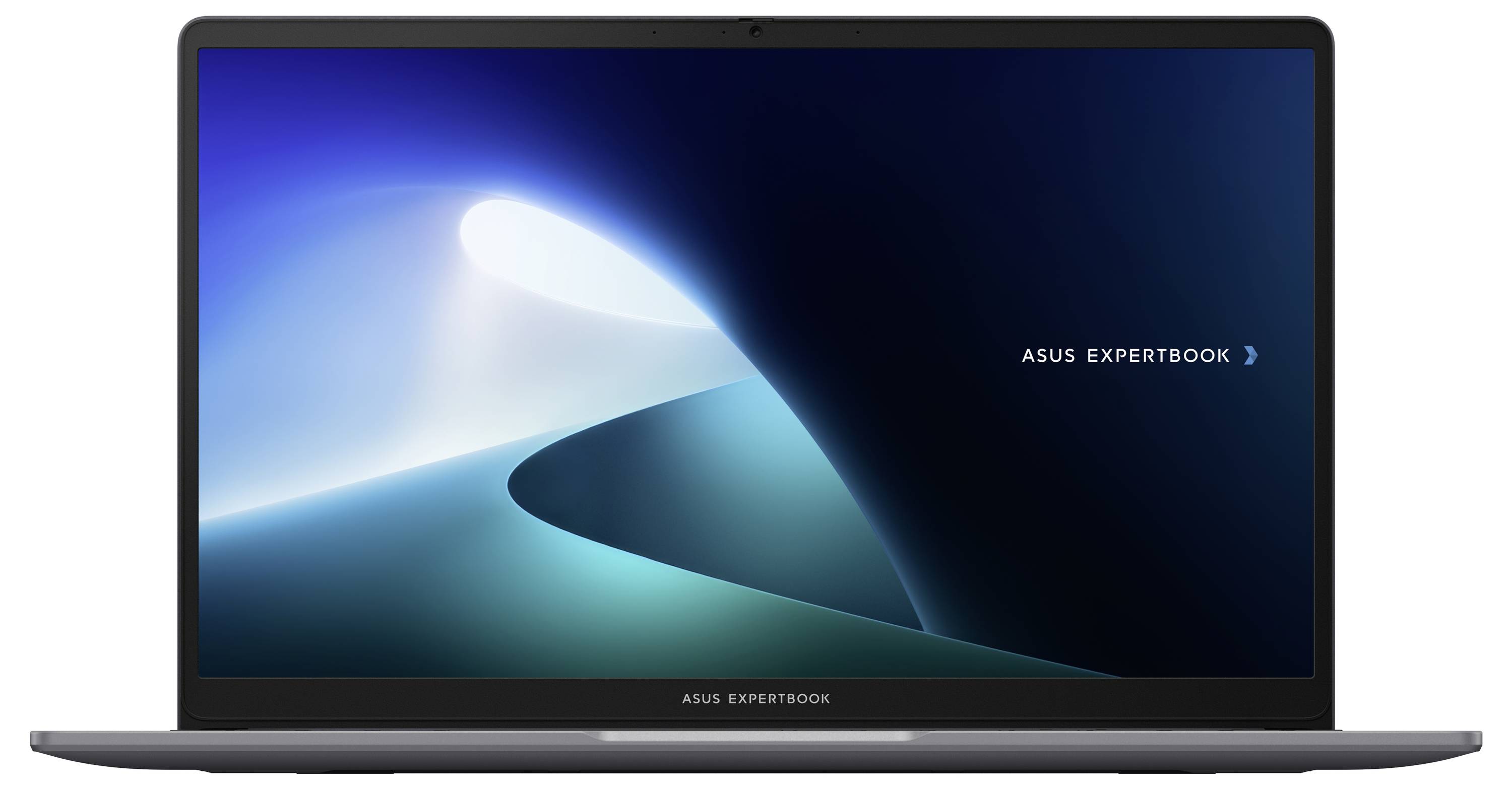 Ein ASUS ExpertBook Laptop mit eingeschaltetem Bildschirm. Der Bildschirm zeigt ein abstraktes blaues Hintergrundbild und den Text 'ASUS ExpertBook'.
