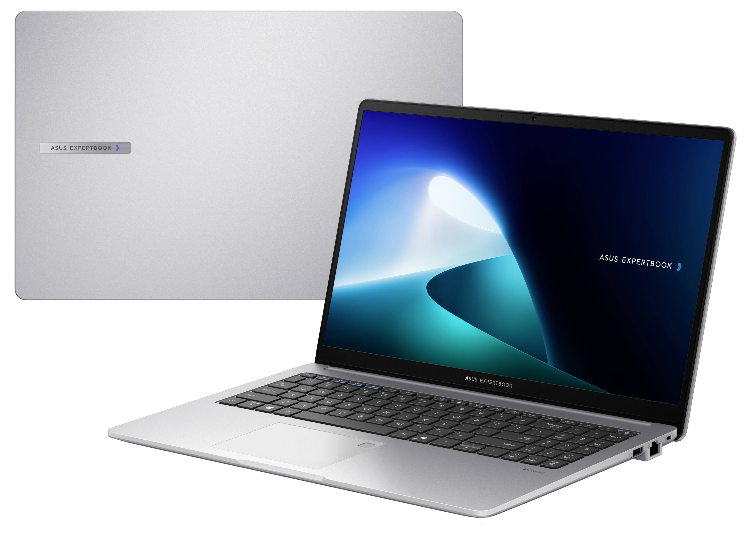 Ein silberner Laptop, aufgeklappt und von vorn gezeigt, mit einem leuchtenden Bildschirm. Der Deckel hat das Logo 'Asus ExpertBook'.