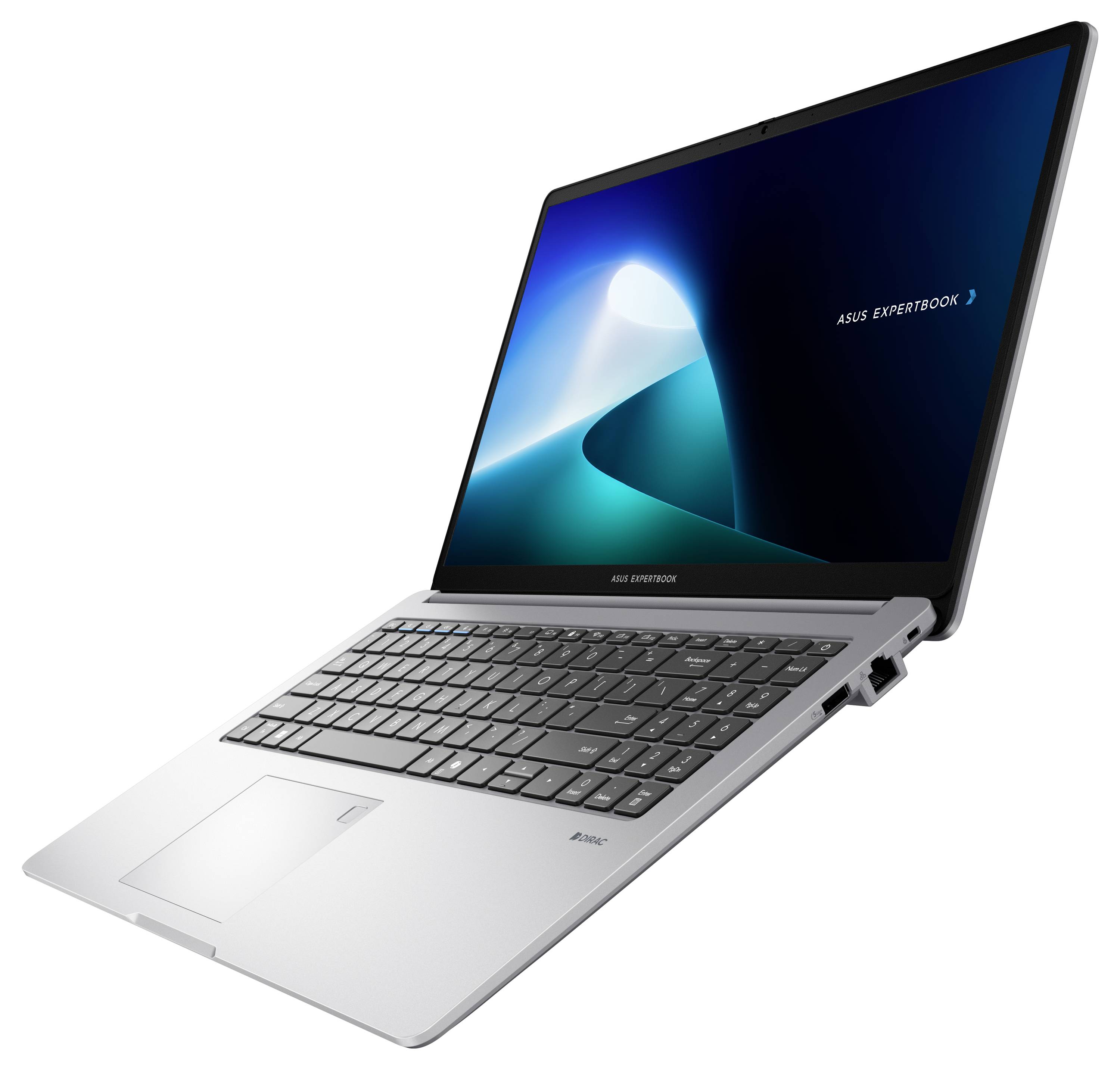 Silberner Laptop von hinten gezeigt, leicht geöffnet, mit dem Schriftzug 'ASUS' auf der Oberseite.