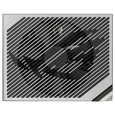 Schwarze Lüftereinheit eines Computers mit diagonalem Gittermuster, das den Lüfter schützt.