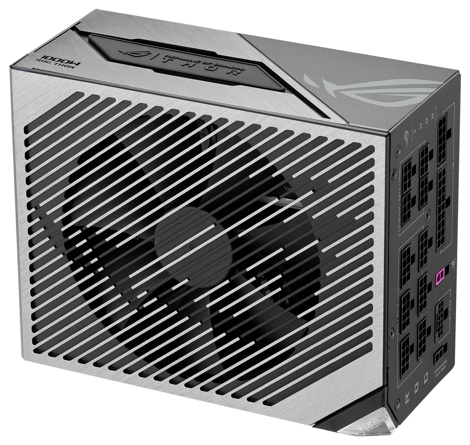 Eine graue Computer-Netzteil-Einheit mit großen Lüftungsöffnungen und mehreren Anschlussmöglichkeiten an der Seite.