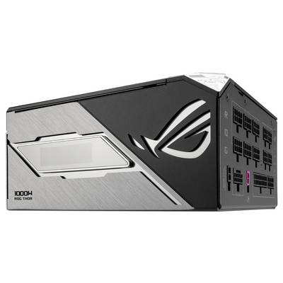 Ein silbernes und schwarzes PC-Netzteil mit dem Logo einer Gaming-Marke. Es hat mehrere Anschlüsse an der Seite und zeigt 1000W an.