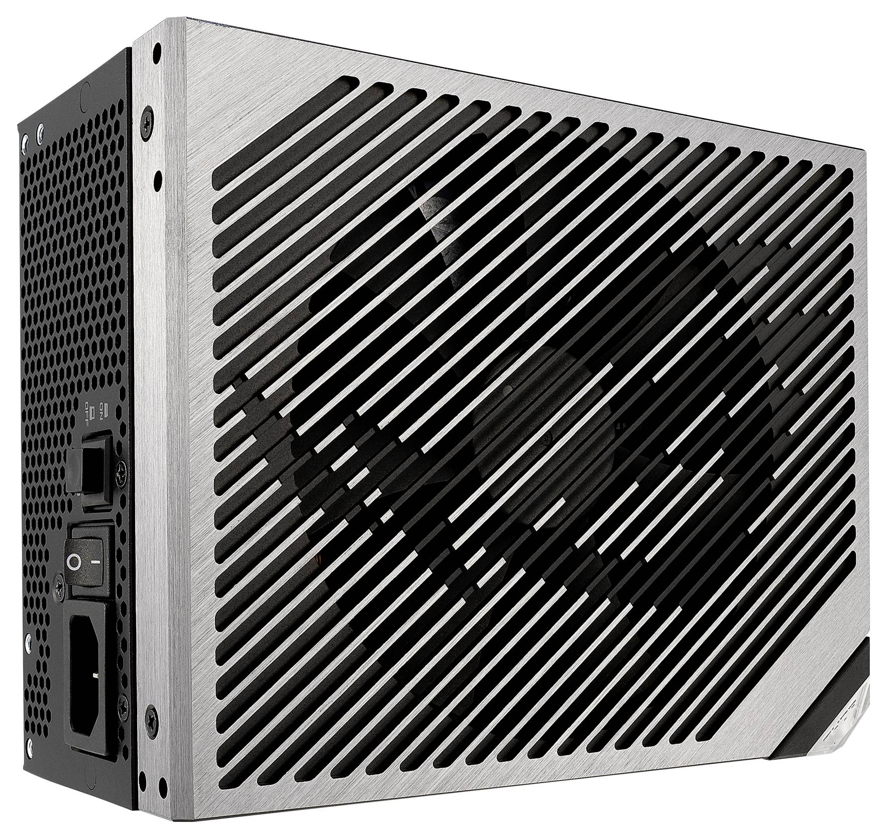 'Ein Computer-Netzteil mit einem silbernen Metallgitter, das einen Lüfter schützt. Es ist für die Stromversorgung von Desktop-PCs geeignet.'