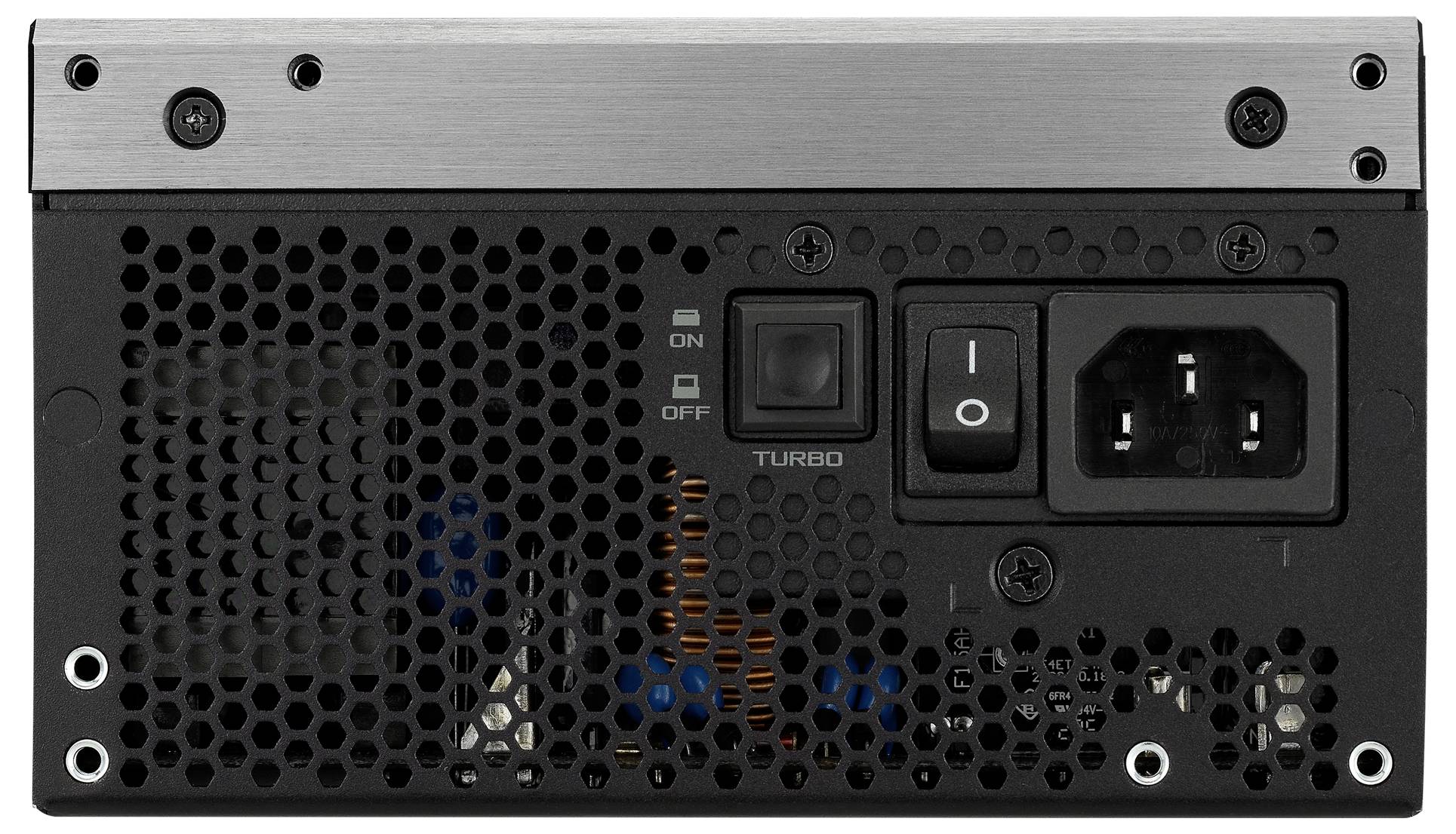 Ein PC-Netzteil mit Lüftungsschlitzen, einem Ein/Aus-Schalter und einem Anschluss für das Stromkabel.